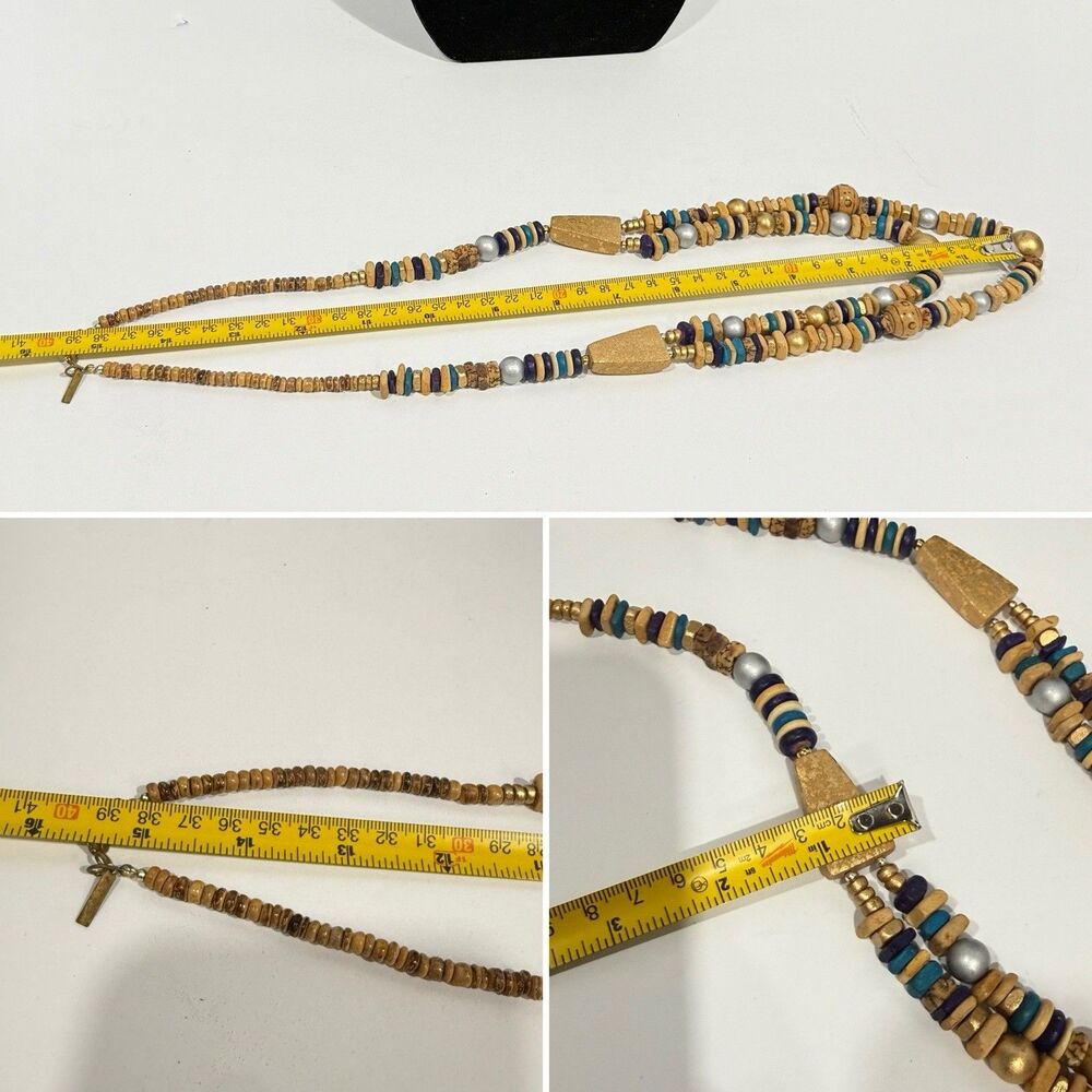 Vintage Casual Corner Double Strand Beaded Necklace Boho Wood Gold Tone Signed - Picture 11 of 16